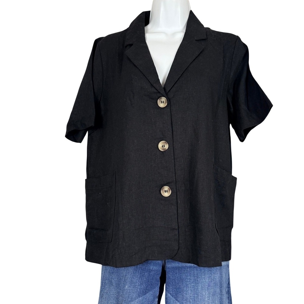 Double Zero Black Linen Blend Short Sleeve Blazer Button Up Top S